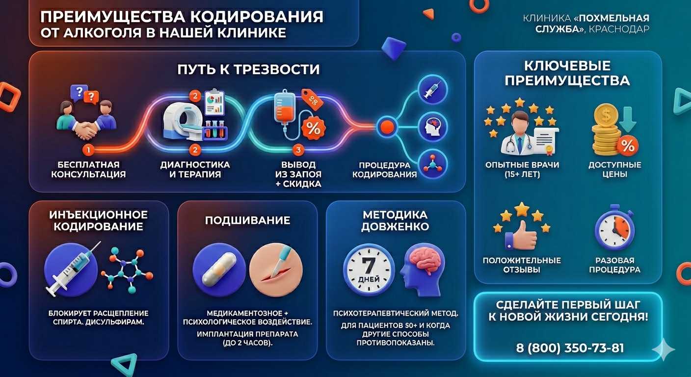 Инфографика о методах кодирования от алкоголя в Нижнеудинске: инъекции, подшивание, метод Довженко. Преимущества клиники и этапы лечения.