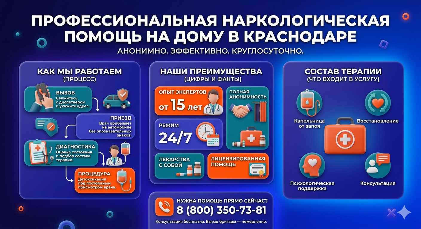 Инфографика о принципах лечения алкоголизма на дому в Нижнеудинске: этапы вызова нарколога, преимущества анонимной детоксикации и состав медицинской помощи.